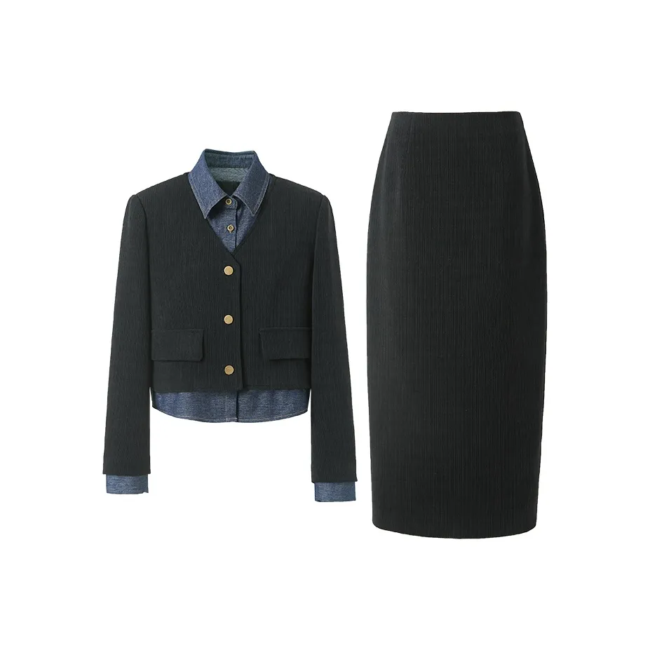 3COLOUR Casual Suits Women's Clothing Sets Classic Black Coat+Skirt