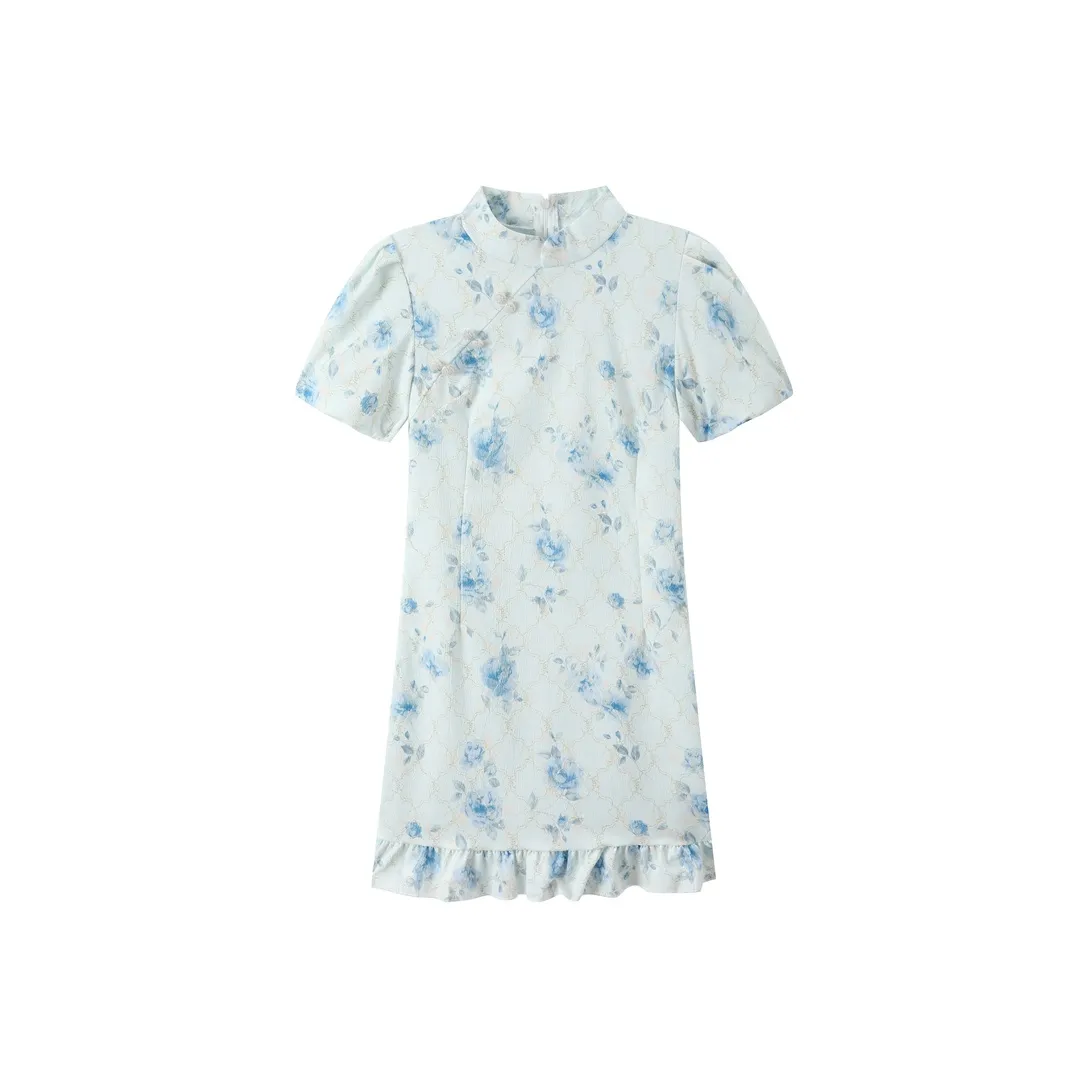 ZCDECO Короткое платье с короткими рукавами женское цветочный узор синий