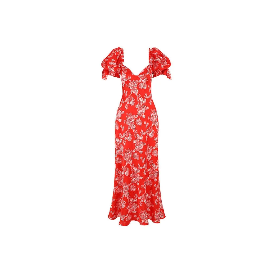 Selkie Collection SS25 Short Sleeved Dresses Women's Red Background With Rose Print