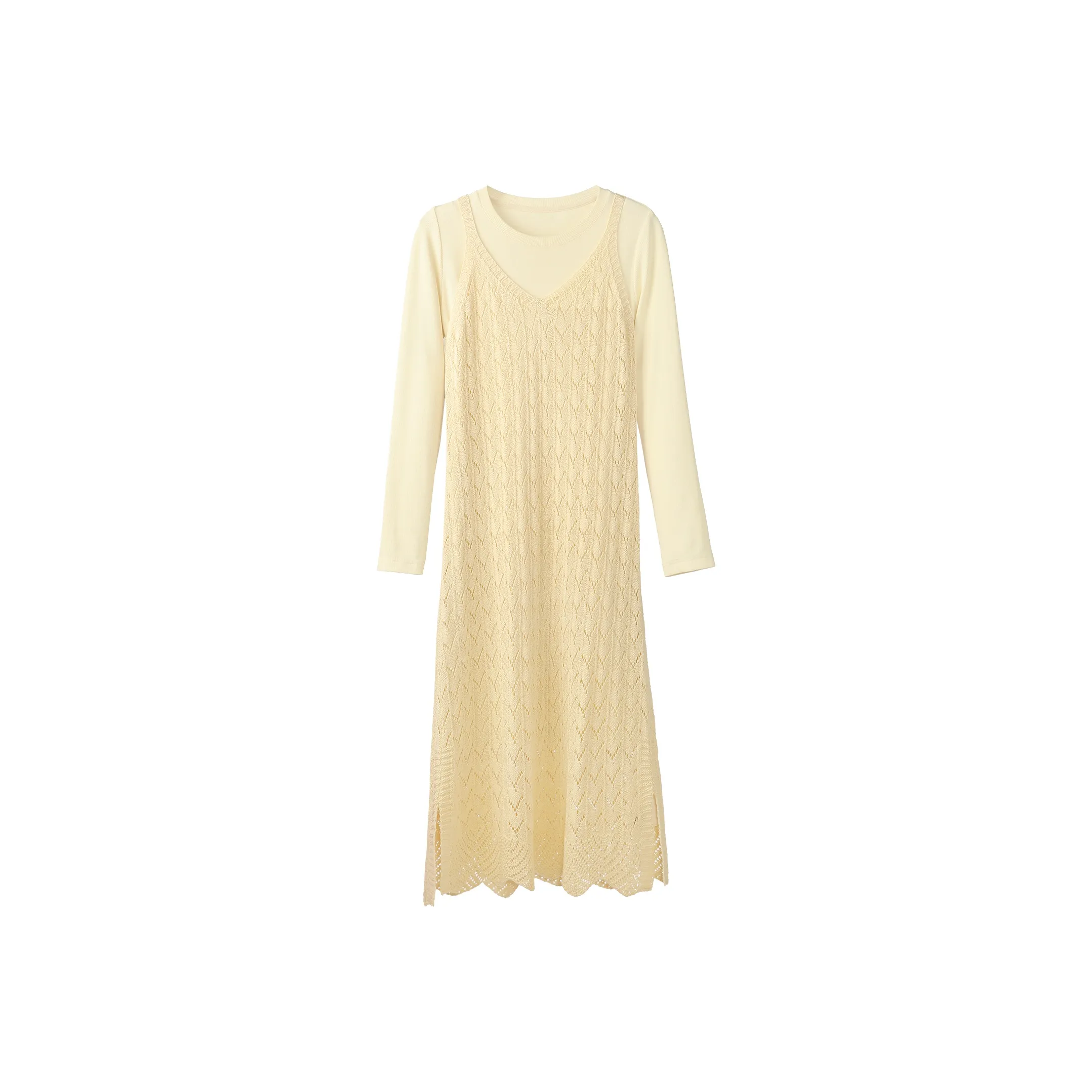 Fstudio Early Spring Korean Style Knitted Fabric Elegance Long Sleeved Dress Women's Yellow