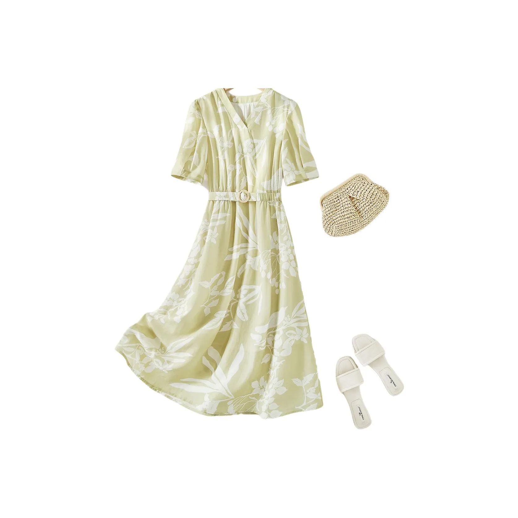 IHIMI Короткий рукав Платье Женское Светло-желтый с принтом