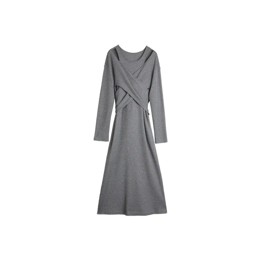 ELLE Длинное платье с длинными рукавами женское светло-серое