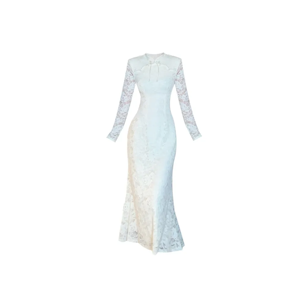 CPAURA Длинное платье с длинными рукавами женское абрикосового цвета