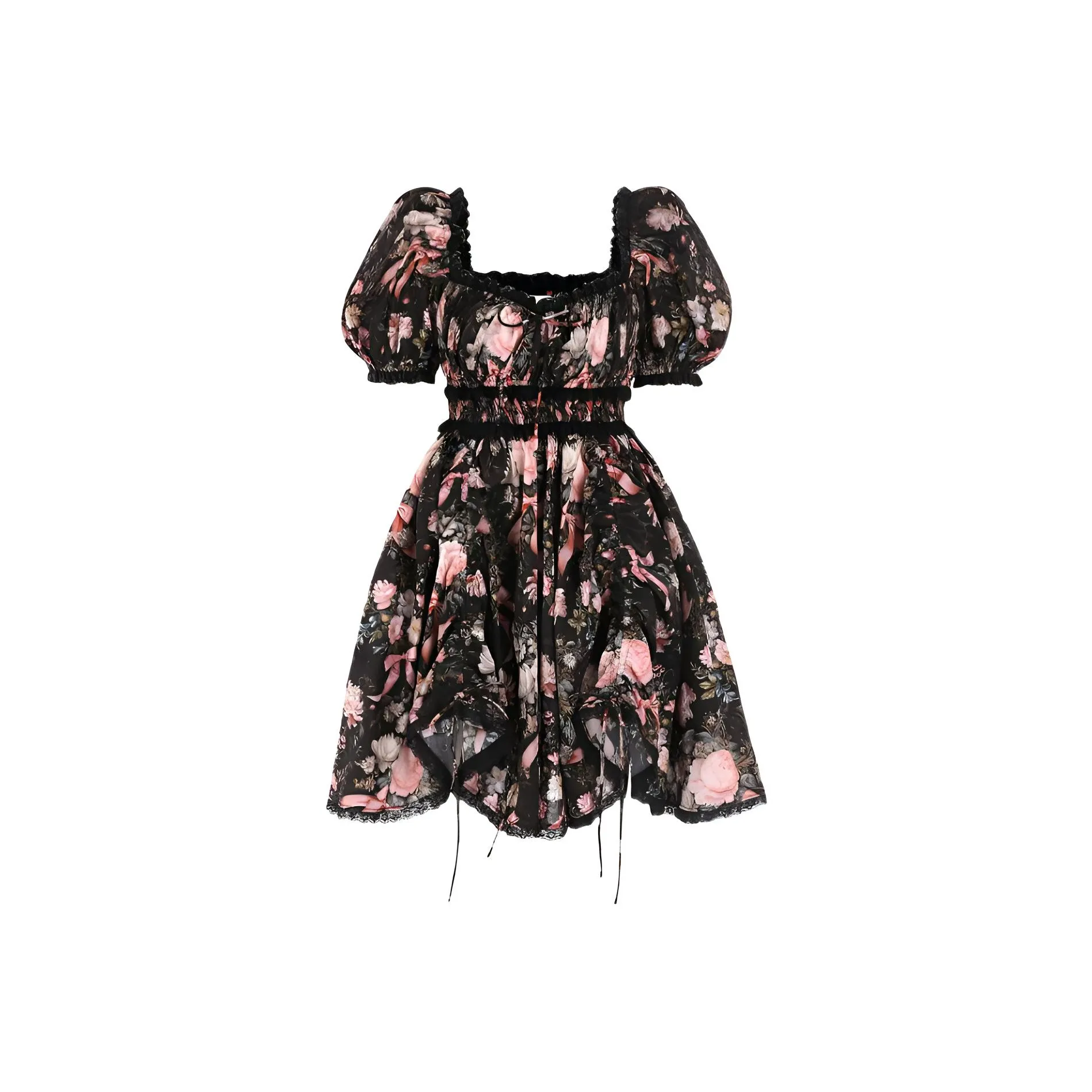 Selkie Collection Short Sleeved Dress Women's Black With Pink Satin Ribbon Rose Print