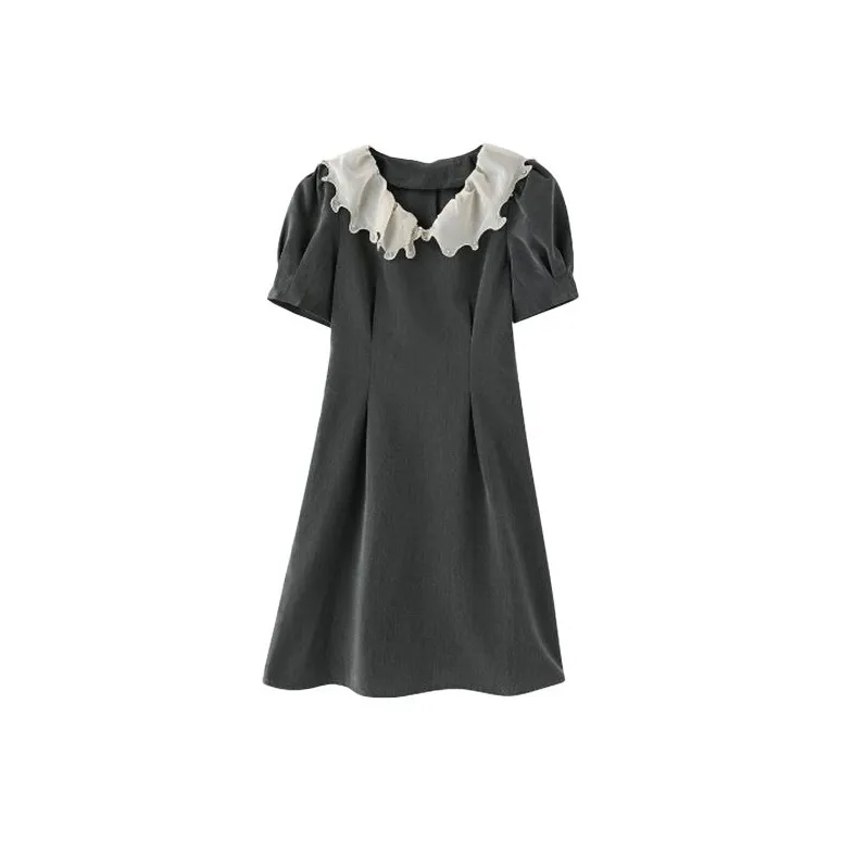 TIBINB Короткий рукав Платье Женское Серый бриллиант Воротник