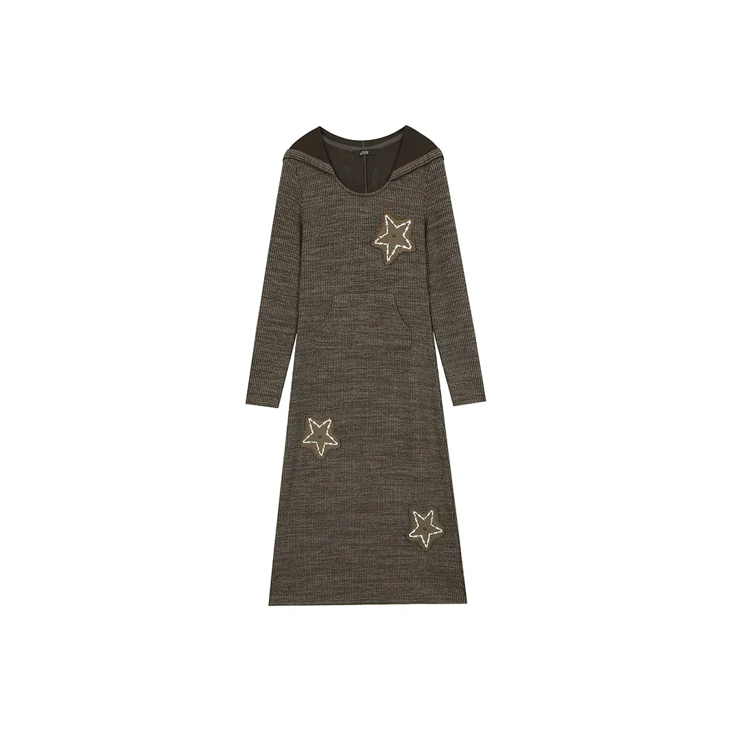 ELF SACK Vintage Stars Embroidery Long Sleeved Knitted Fabric Dress Women's