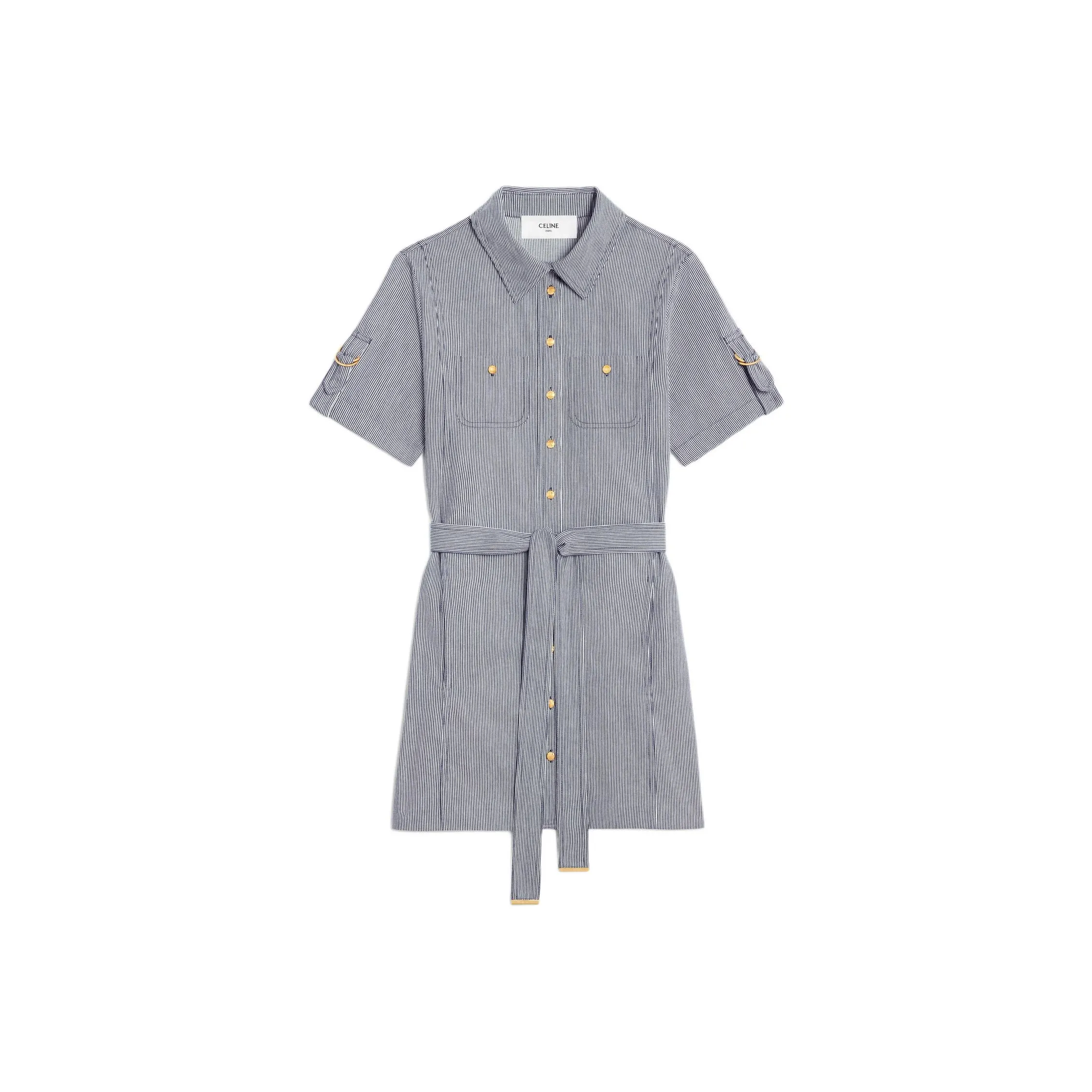 CELINE Belted Collared Short Sleeved Shirt Dress