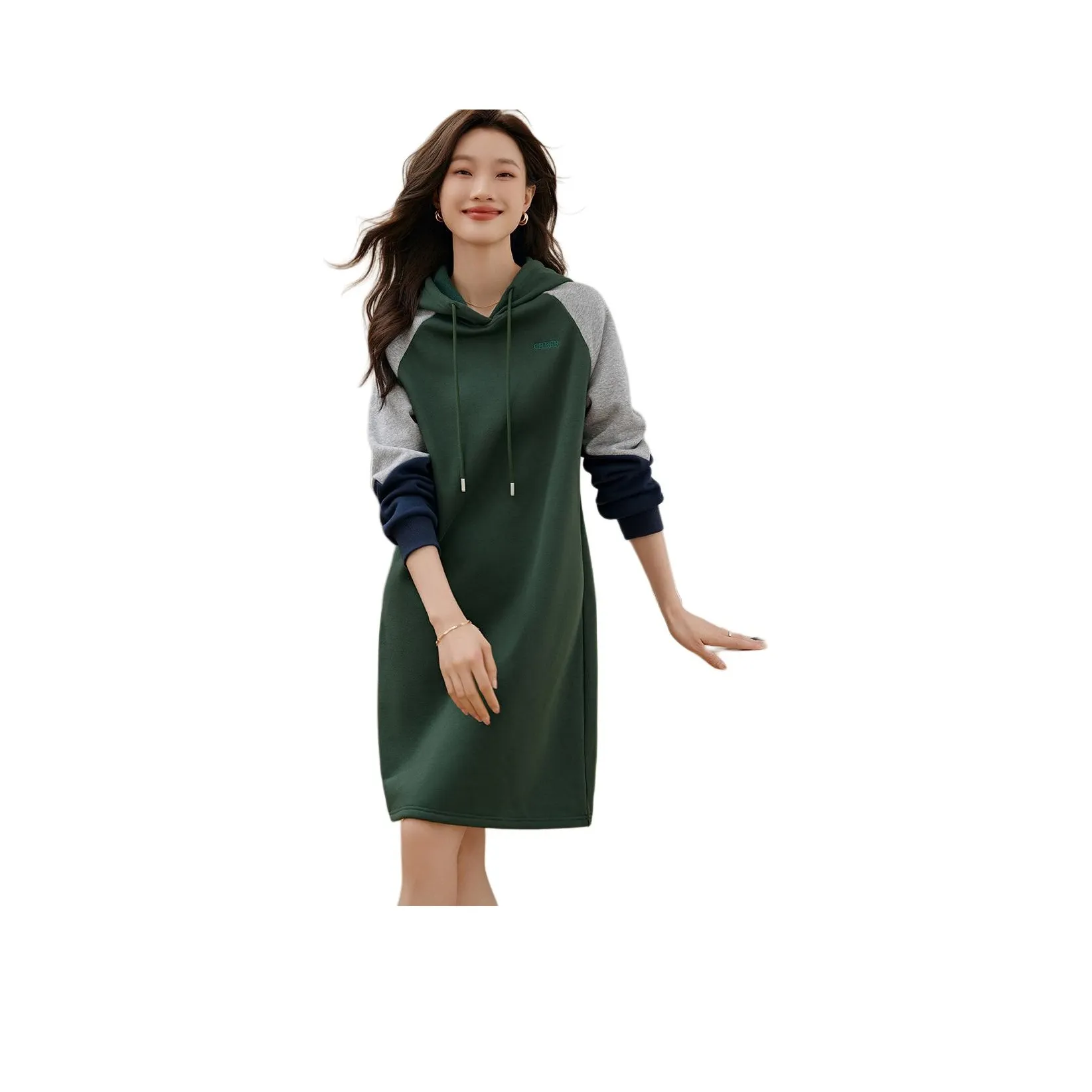 Mo Han Yi Mei Длинный рукав Платье Женское Зеленое