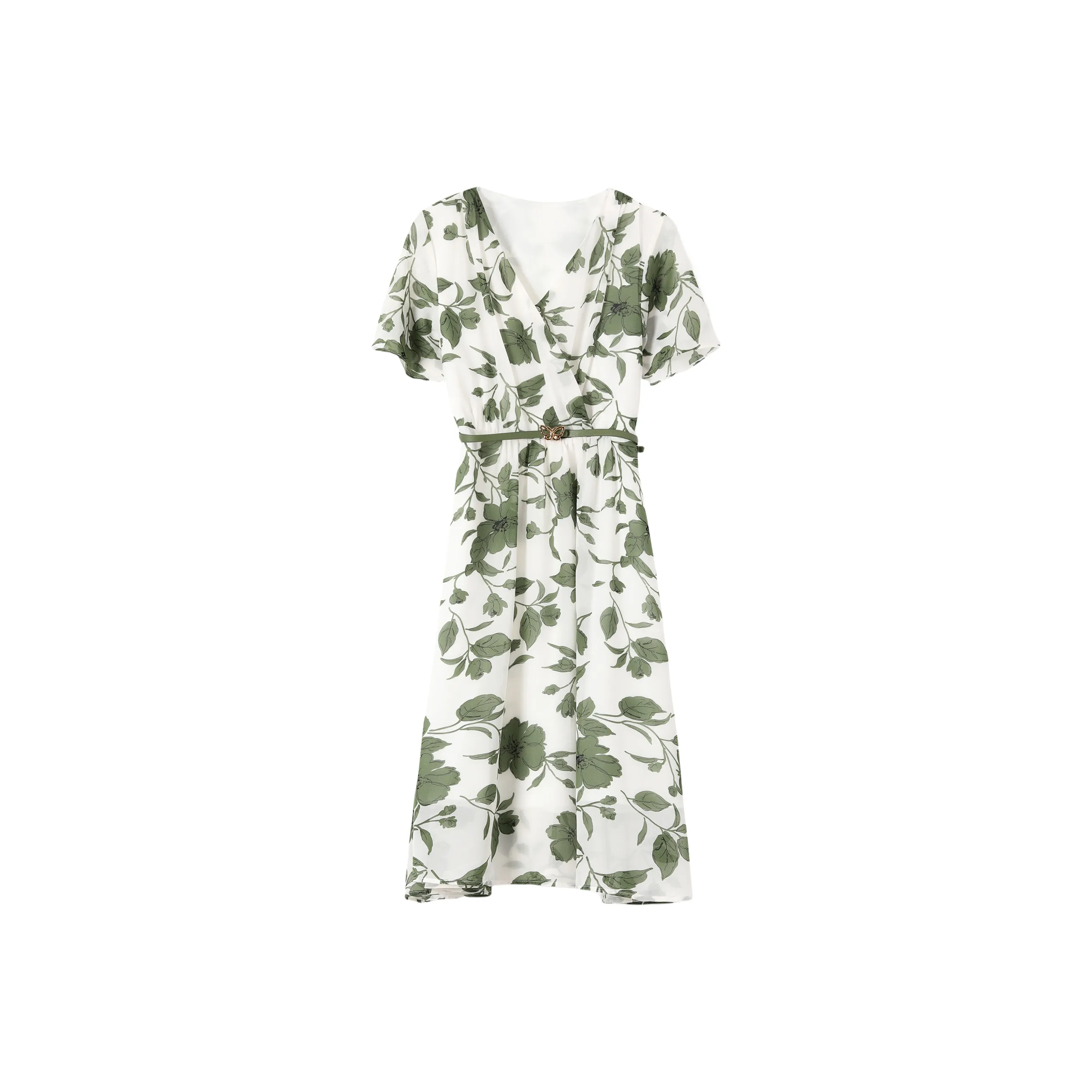 ONE PASS STUDIO Short Sleeved Dresses Women's White Base With Green Floral Pattern
