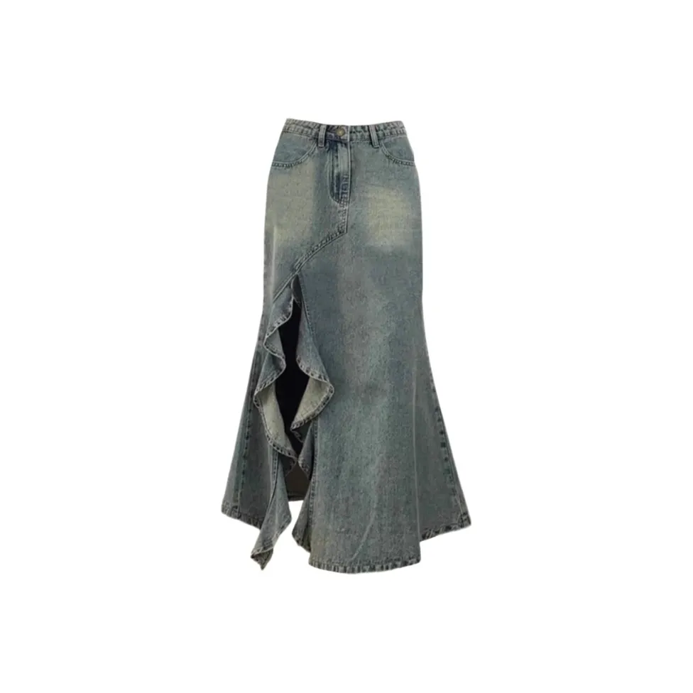 ECNR Деним Длинная Юбка Женская Винтажный Синий