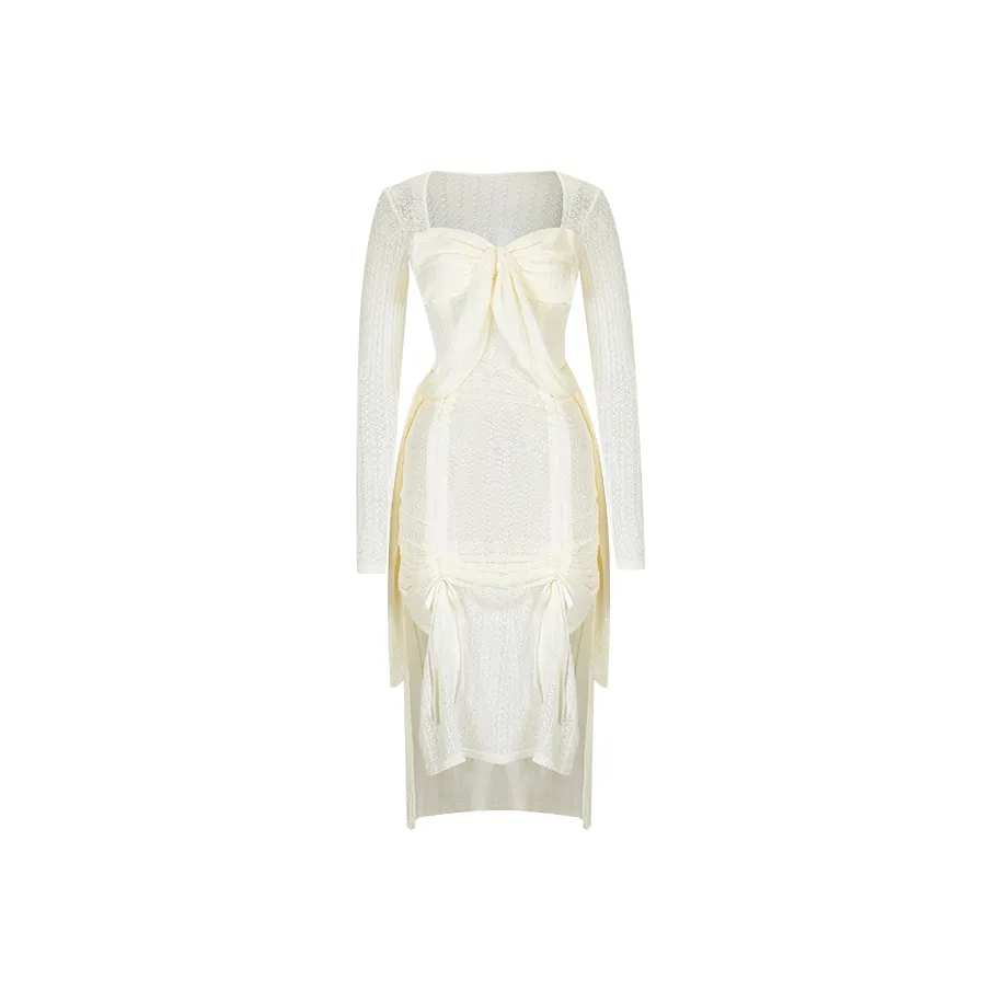 Girly Fancy Club Длинное платье с длинными рукавами женское сырно-желтого цвета