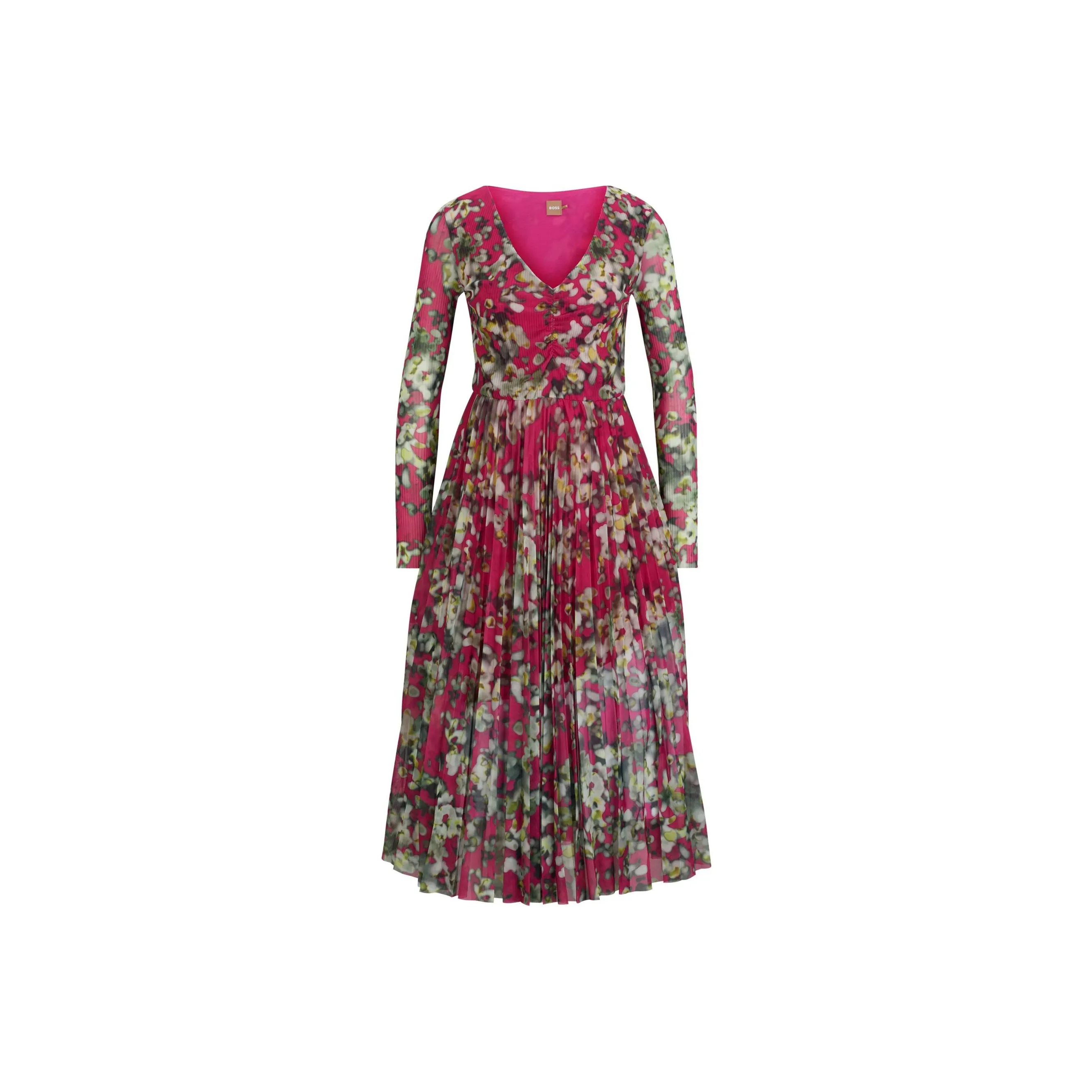 HUGO BOSS Long Sleeved Dress In Plissé Tulle With Seasonal Print Long Sleeved Dresses Women's Multicolor