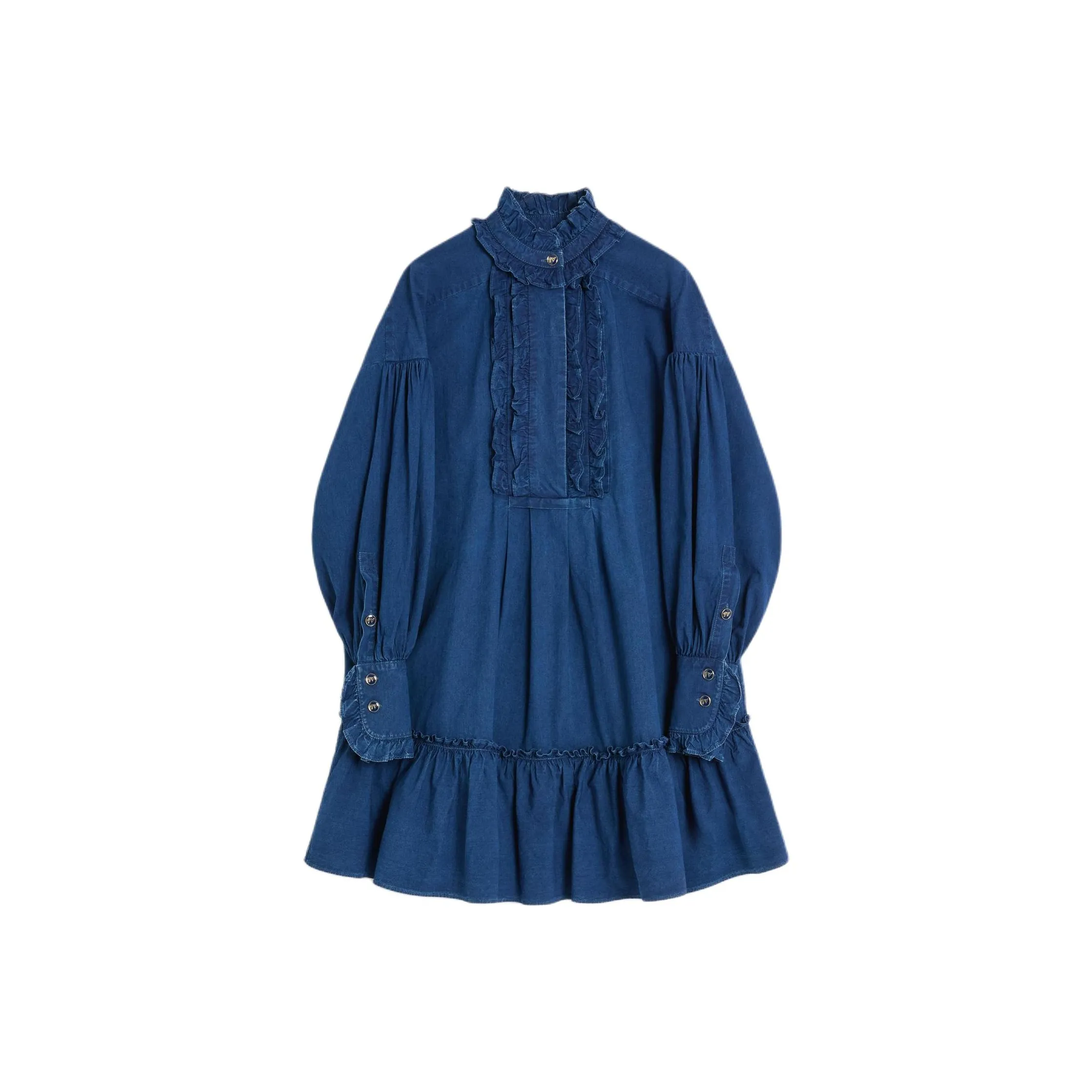 Valentino Ruffled Long Sleeved Denim Dress