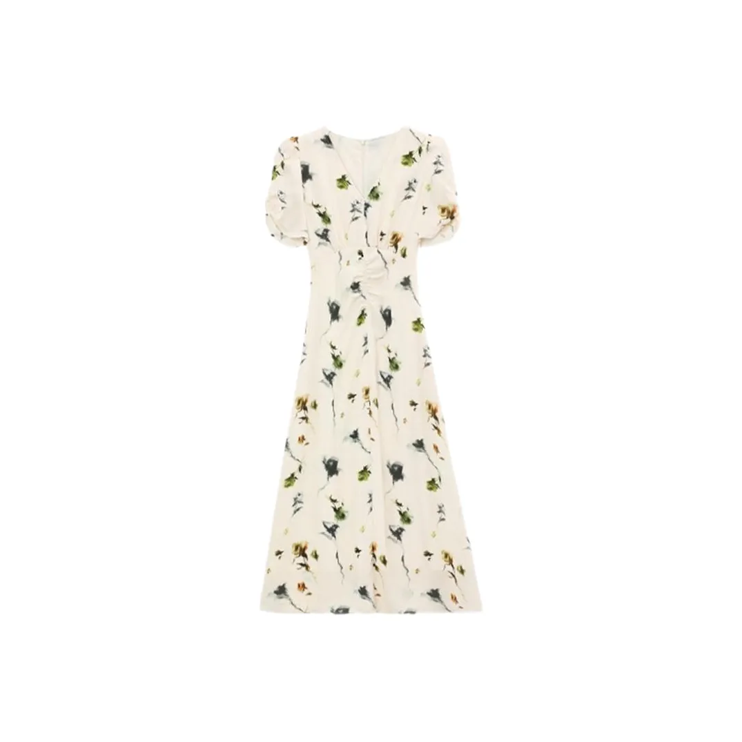 ABBY GODDESS Короткое платье с короткими рукавами женское бежевое с цветами