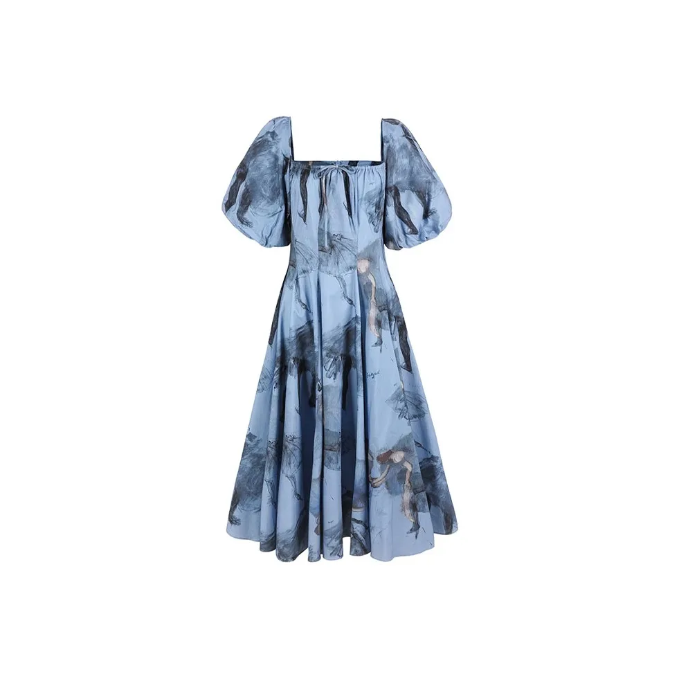 Selkie Collection Short Sleeved Dresses Women's DEGAS BLUE With Blue Background And Degas Dance Girlish Tracing Print