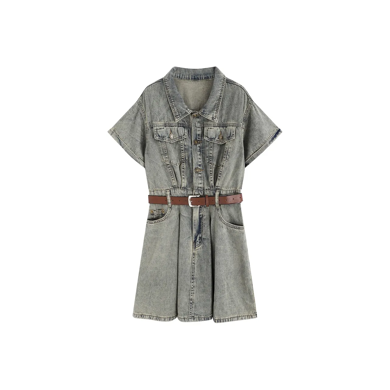 Garbege Short Sleeved Dress Women's Vintage Blue With Belt