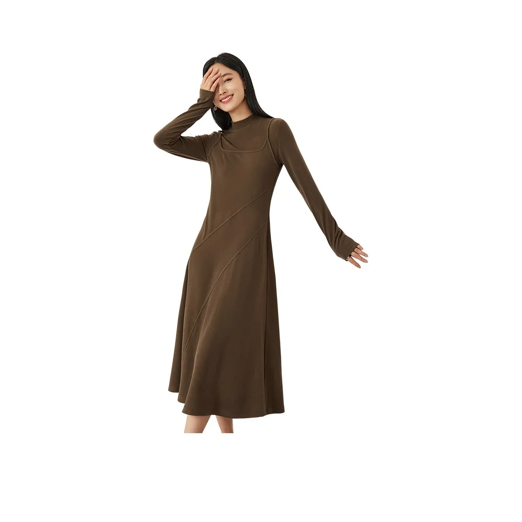 OUNIXUE Длинное платье с длинными рукавами женское чайный коричневый