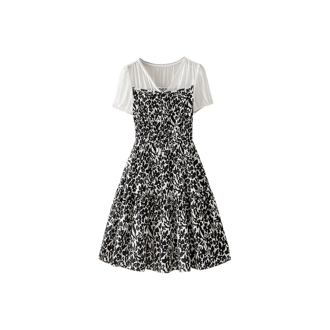 Cypress House Short Sleeved Dress Women's Upper Beige With Black Floral
