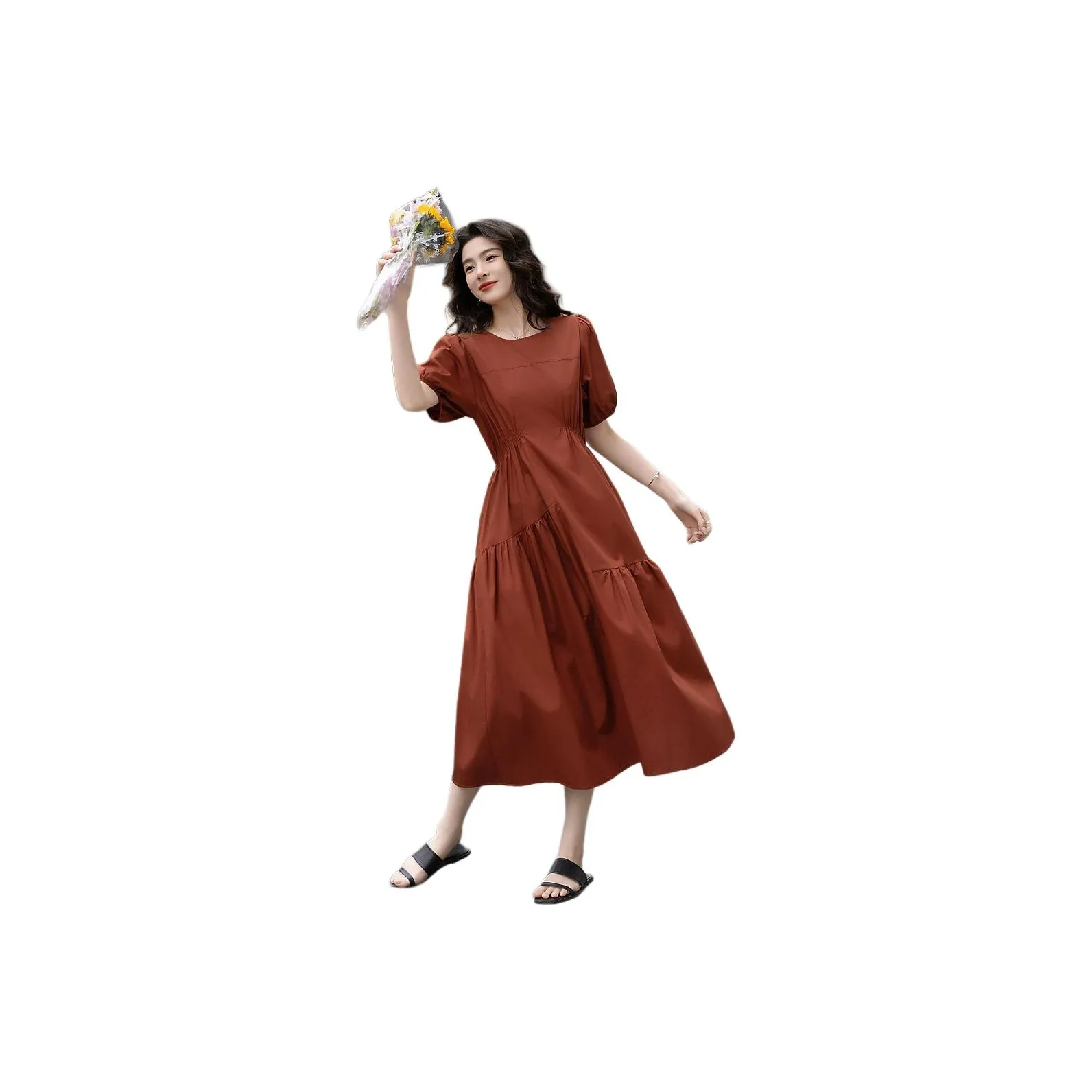 【Dme】 Короткий рукав платье женское кирпично-красный