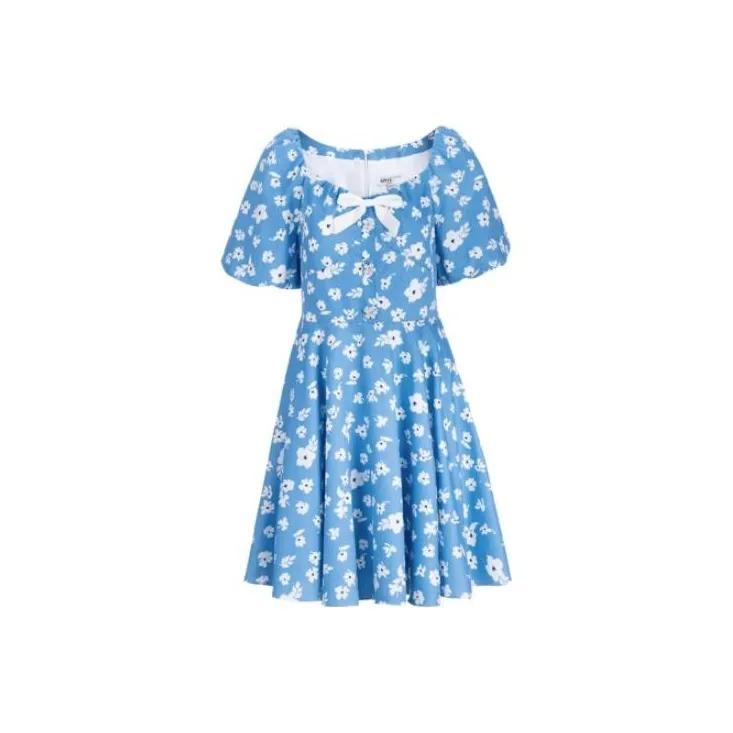 AIVEI Blue с White Цветочный Женские Короткие Платья с Рукавами