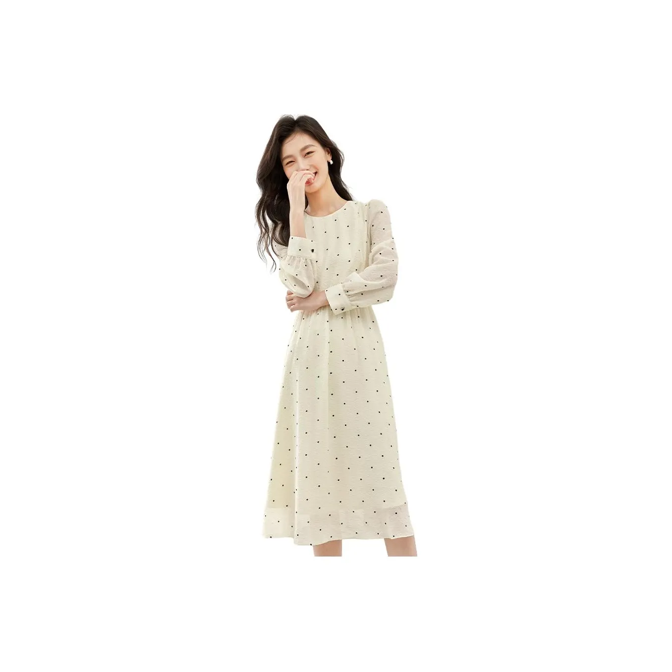 VIMLY Long Sleeved Dresses Women's Apricot With Black Dot