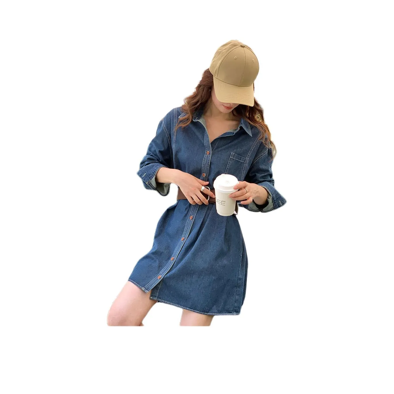 NANING 9 Длинное платье с длинным рукавом женское синее