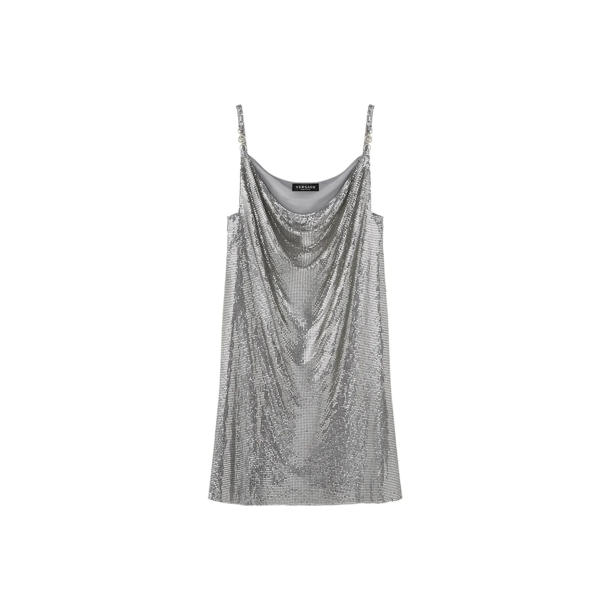 VERSACE Cowl Neck Spaghetti Strap Mesh Mini Dress