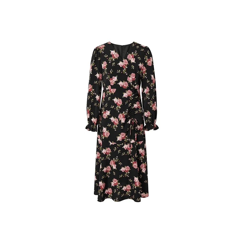 Hopeshow Long Sleeved Dresses Women's Black With Pink Floral