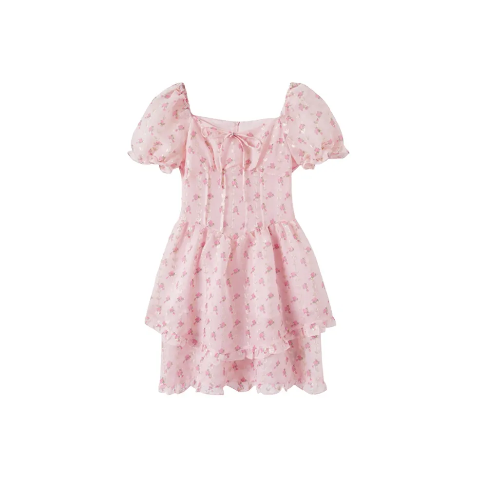 Короткий рукав платье женское розовый