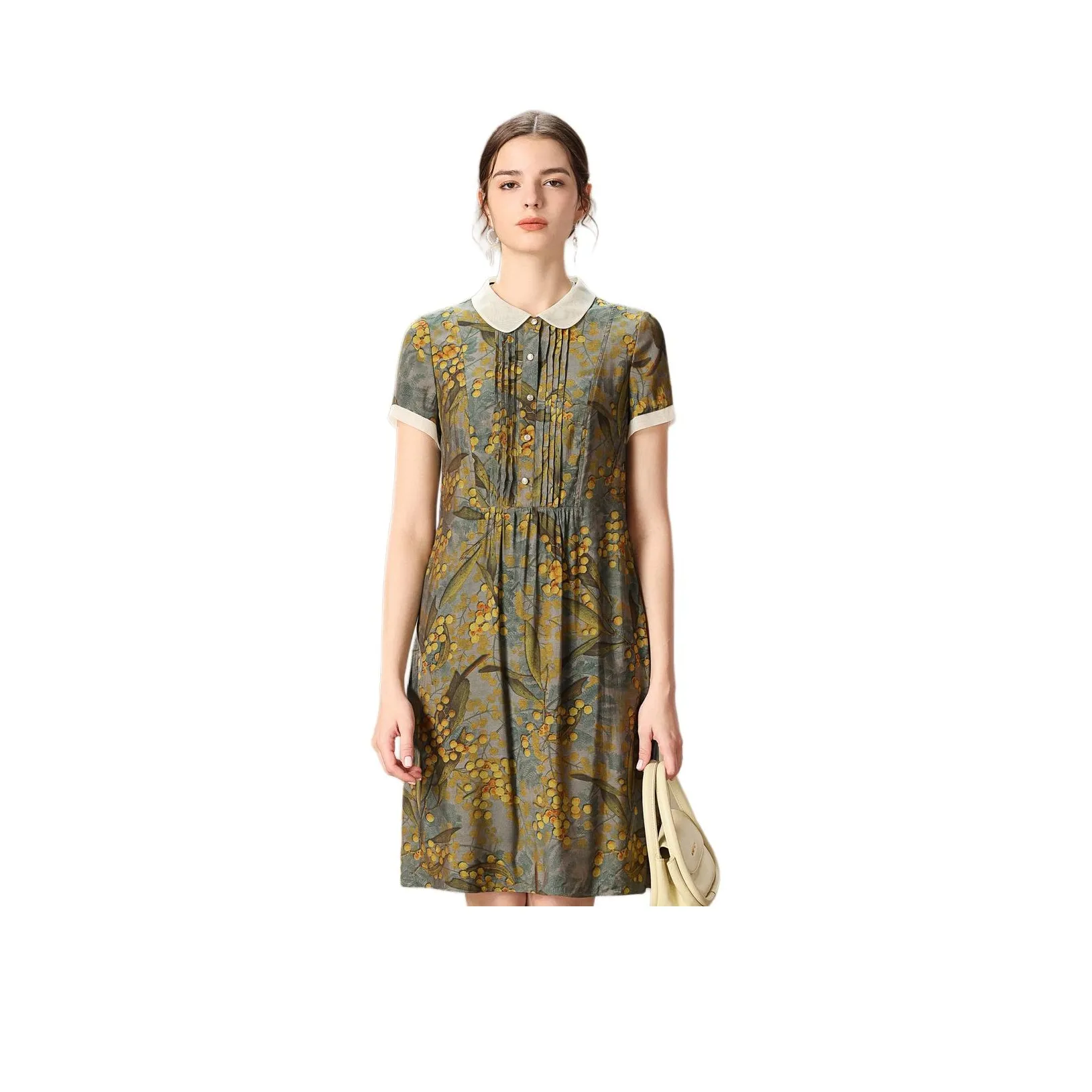 FENHONGMALI Короткий рукав Платье Женское Желтый Цветочный