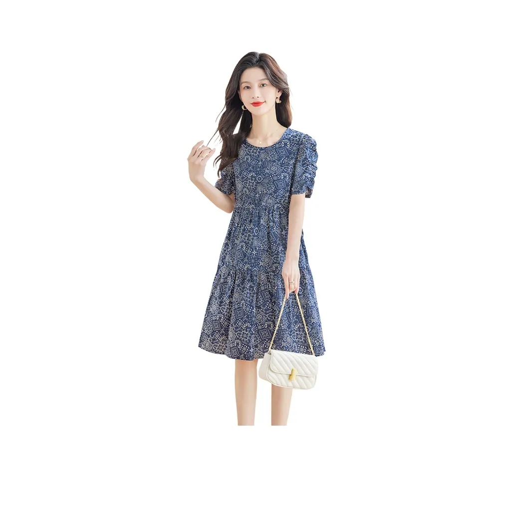 Cypress House Short Sleeved Dress Women's Blue With White Floral