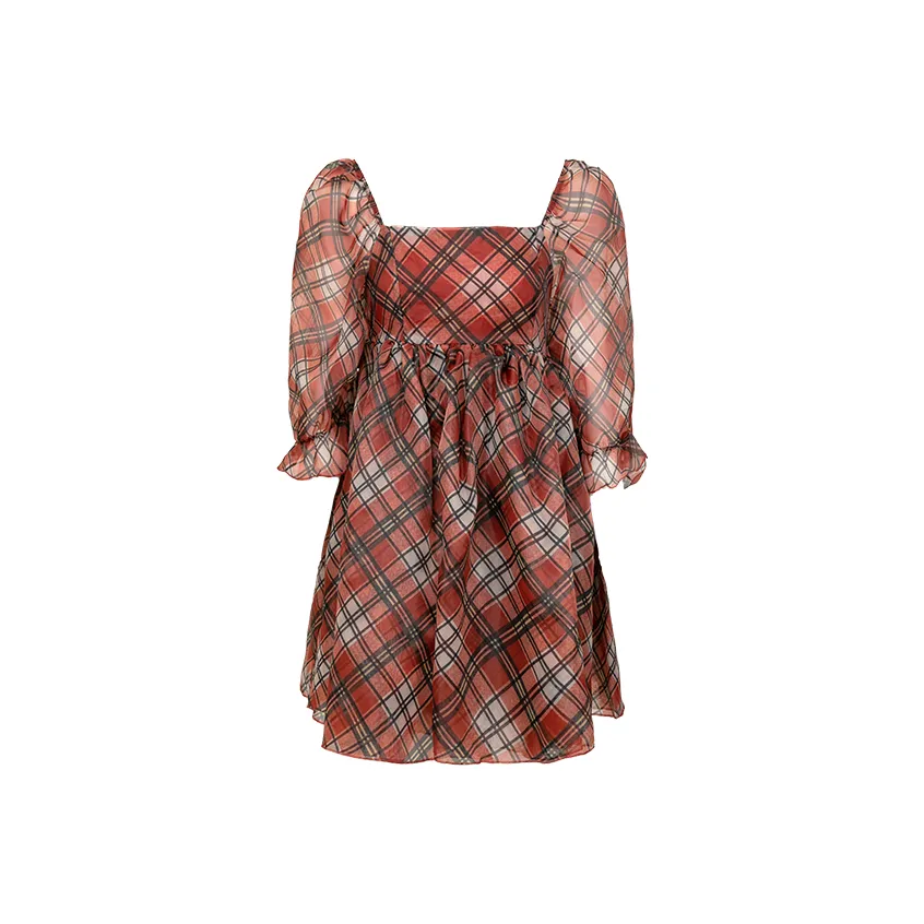 SUNSUNTOWN Short Sleeved Dress Women's Red Plaid