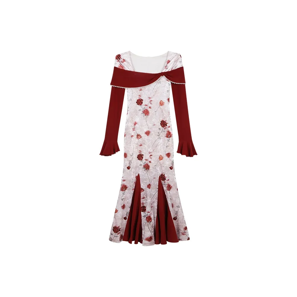 Matsumoto Soso Длинное платье с длинными рукавами женское красное