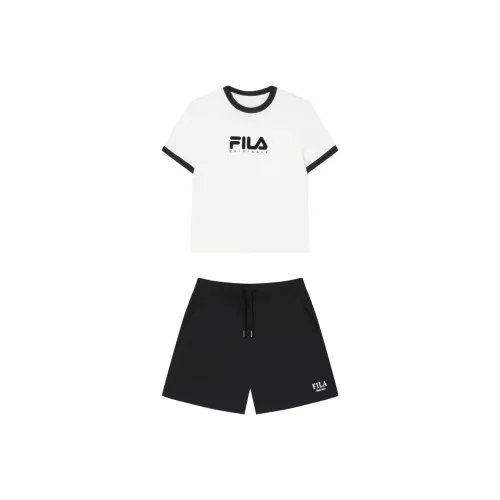 FILA Одежда Набор Облачный белый Топ + Черные Шорты Женские Повседневные Костюмы