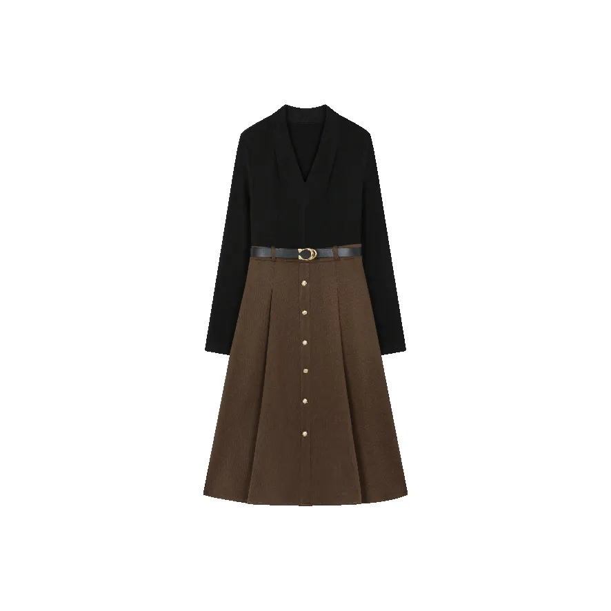 Mo Han Yi Mei Длинный рукав Платье Женское Кофейное