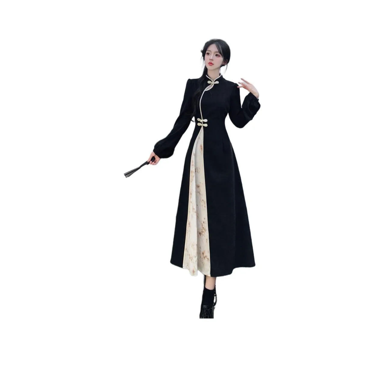 GULIANFEI Длинное платье с длинными рукавами женское черное