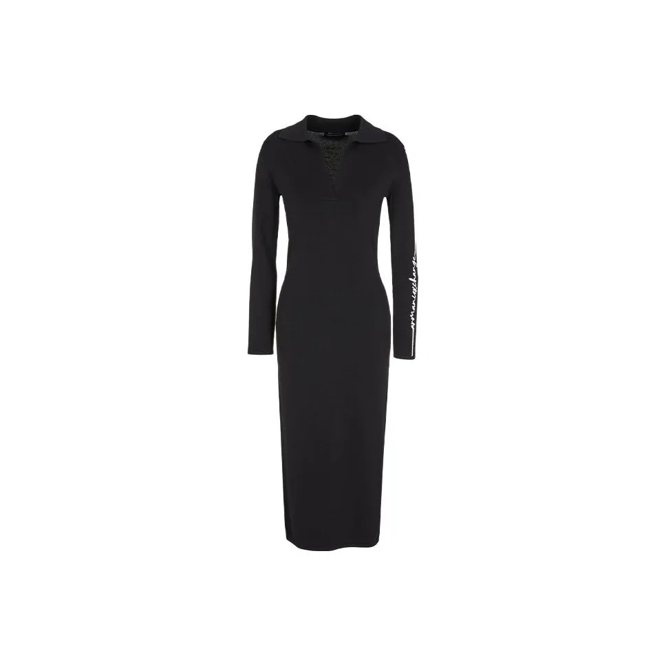ARMANI EXCHANGE FW23 Half Open Collar Fitted Long Sleeved Dress Women's Black