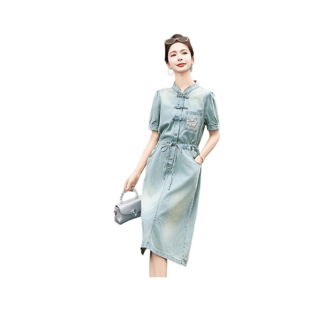 MJ Короткий рукав Платье Женское Джинсовый синий