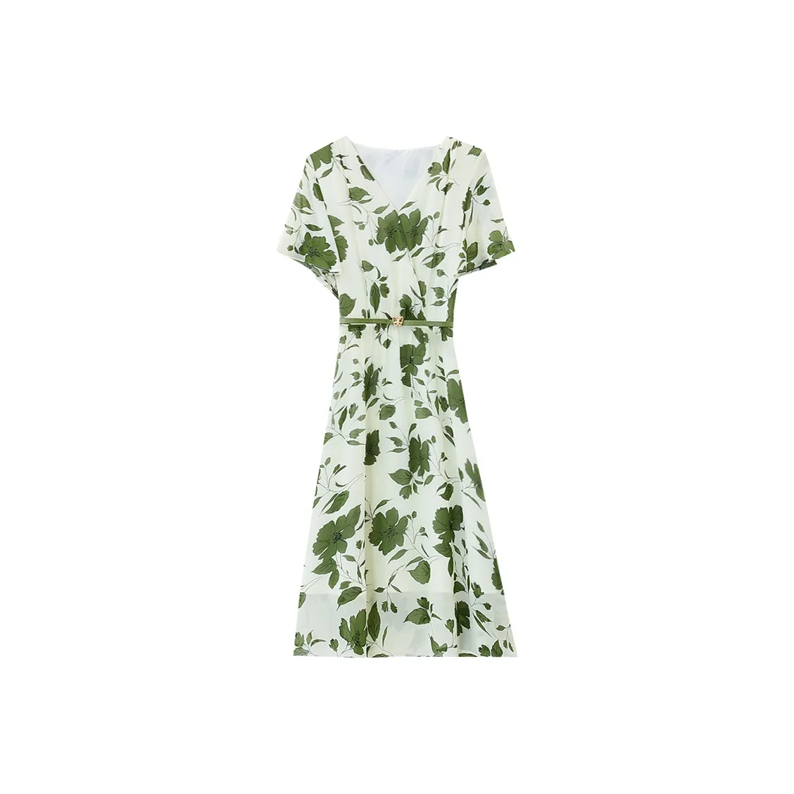 MISTVB Короткий рукав Платье Женское Белое Подкладочная ткань Зеленый узор