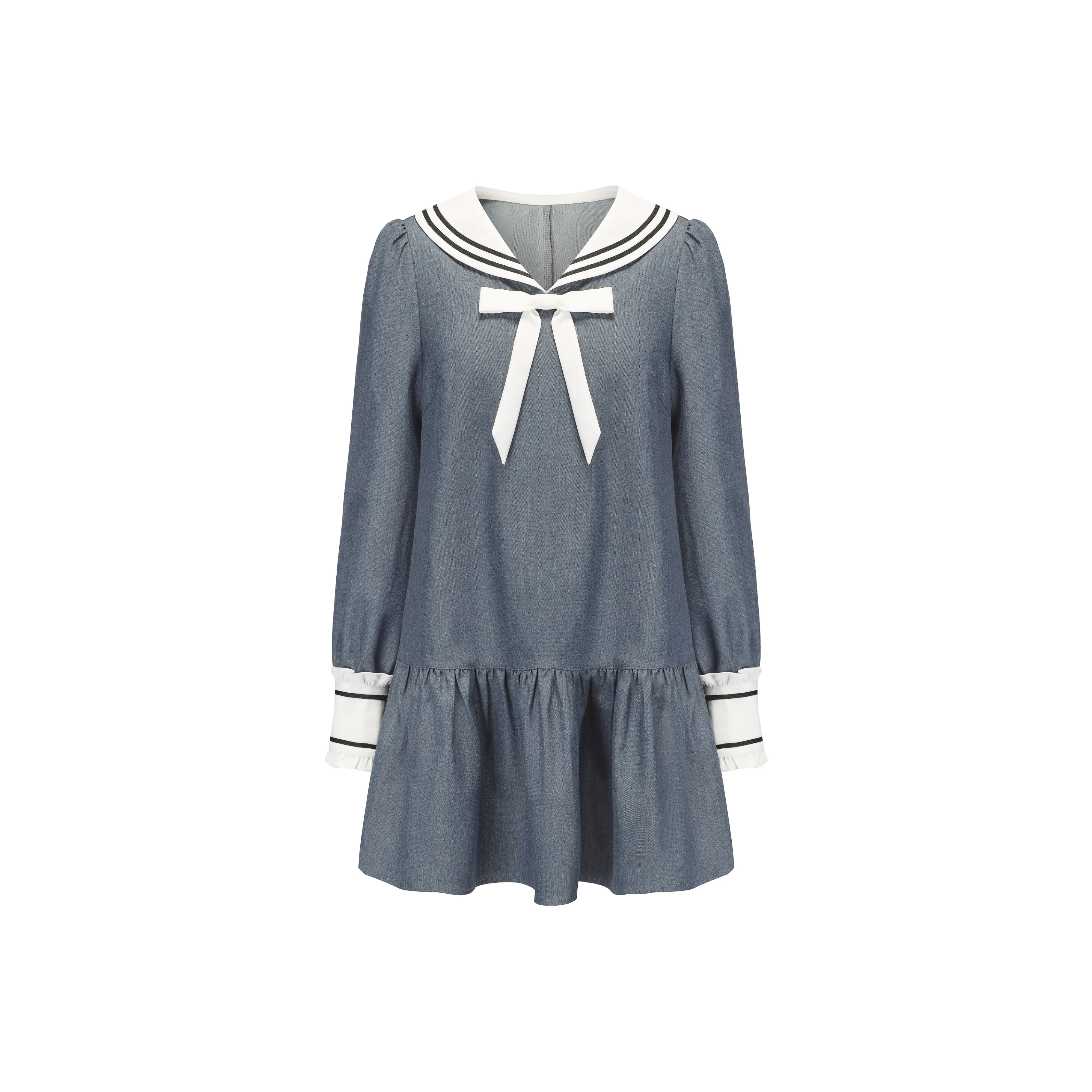 CHIWAWAMEME Long Sleeved Dress Women's Light Denim Gray Blue