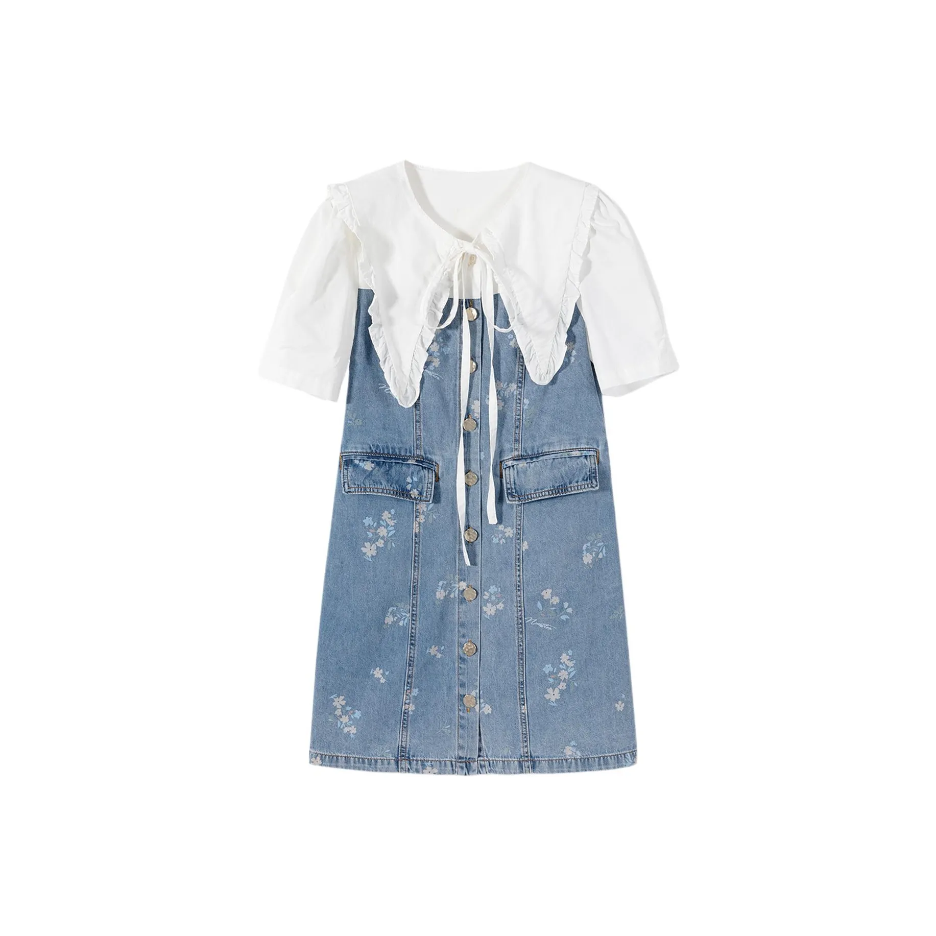 EICHITOO Короткое платье с короткими рукавами женское светло-синий узор