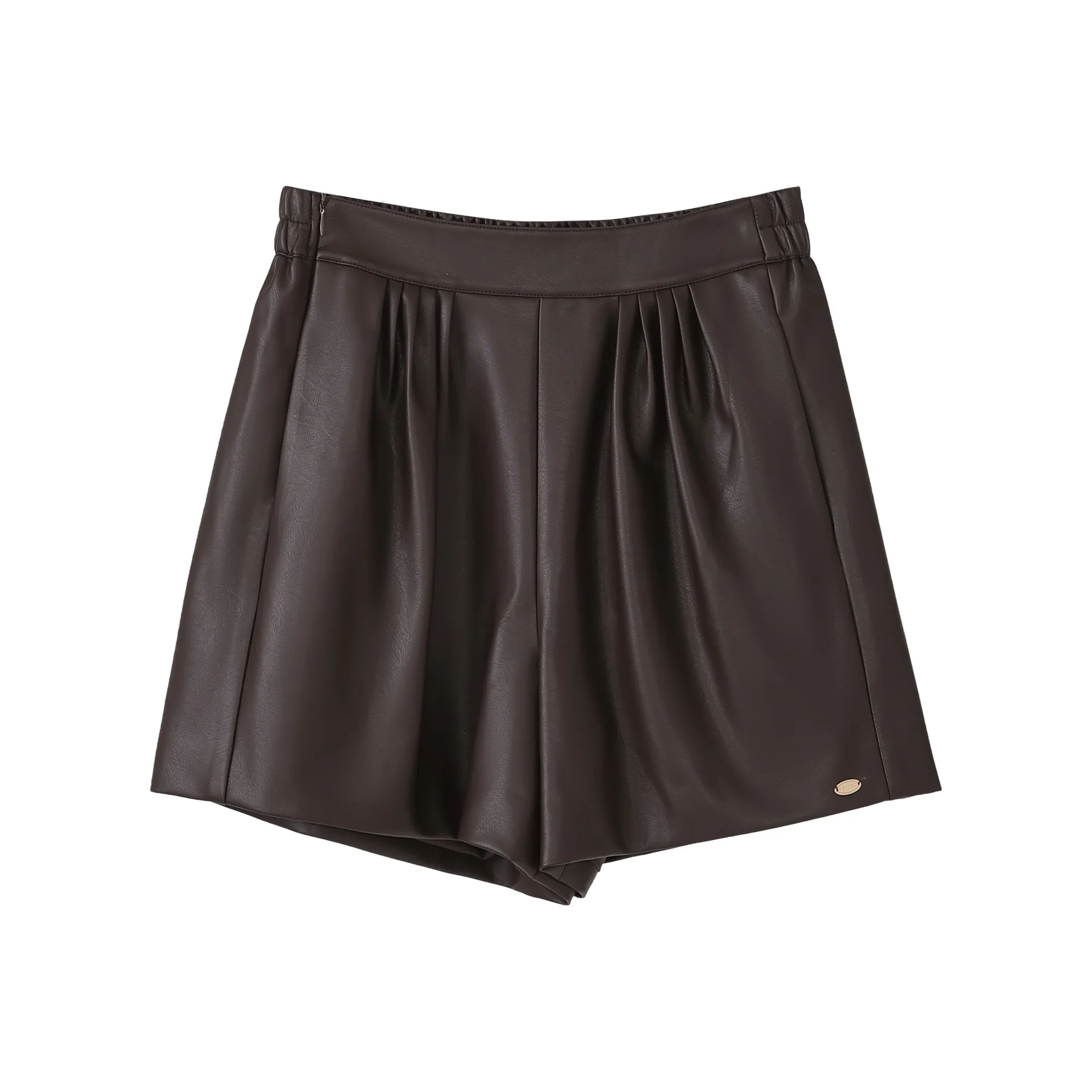 Fstudio Осень и Зима Винтаж Однотонный PU Кожа Повседневные Шорты Женские Кофейного Цвета