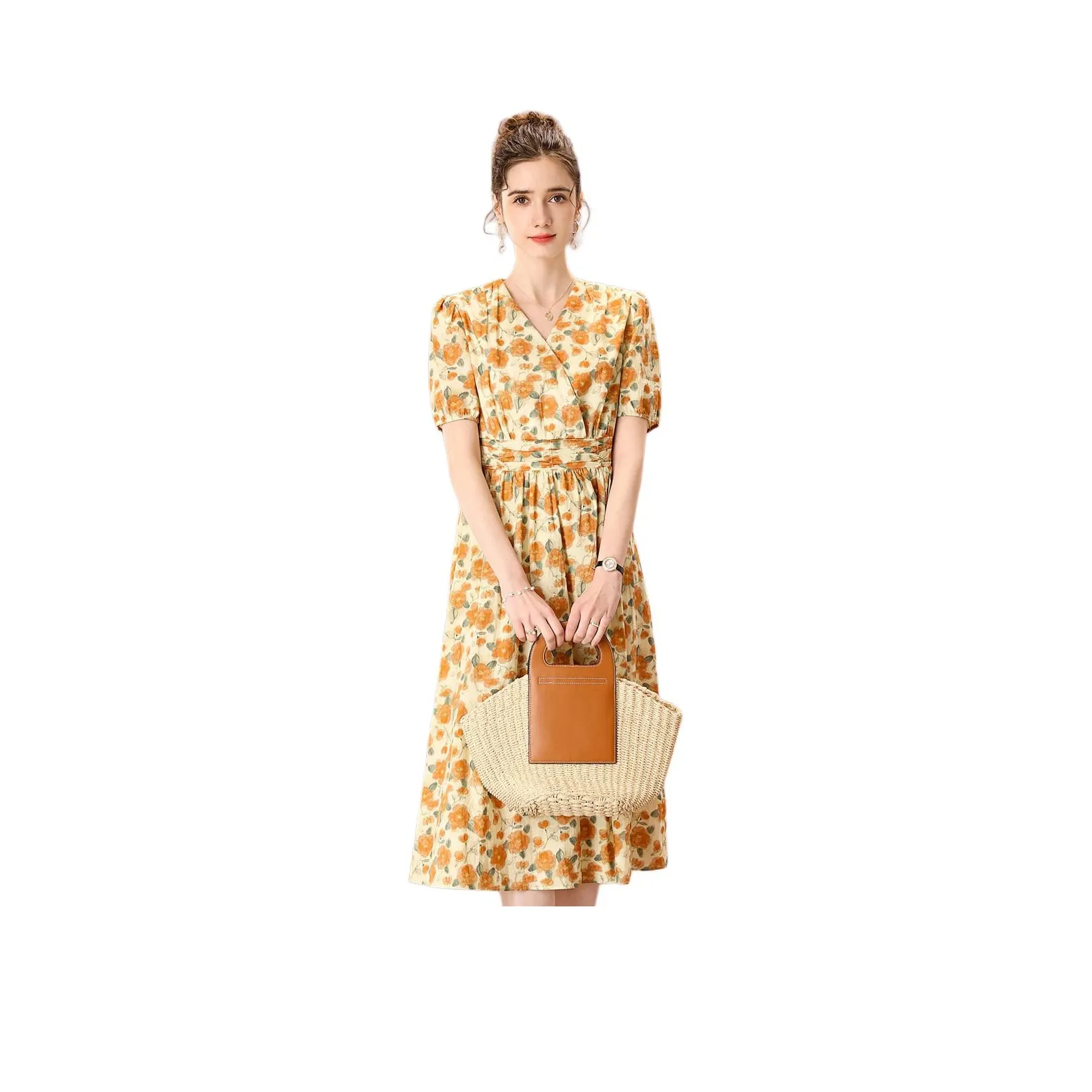 FENHONGMALI Короткий рукав Платье Женское Желтое