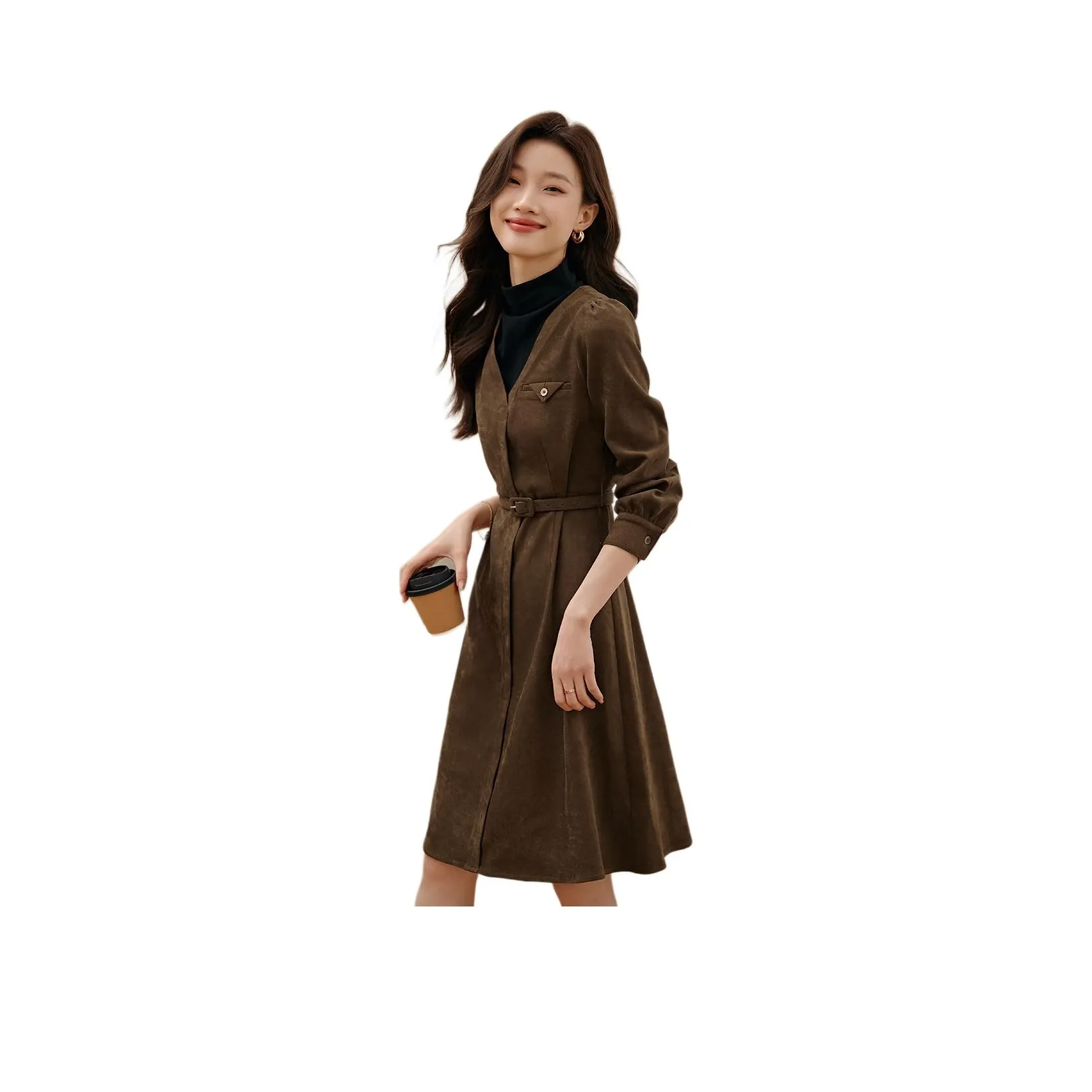 Mo Han Yi Mei Long Sleeved Dress Women's Coffee