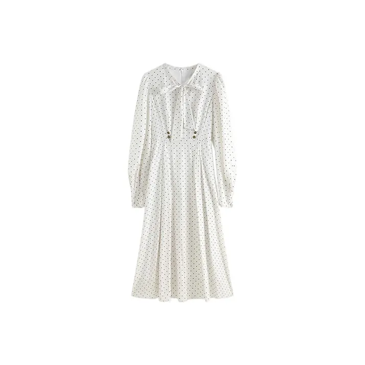 HDFULERN Long-Sleeved Dresses Women's White Black Polka Dot