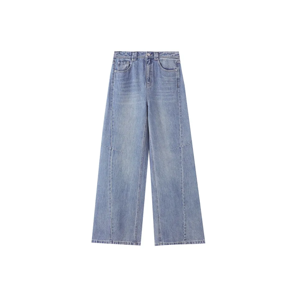 SHUIYUNJIAN High Rise Straight Fit Wide Leg Pants Women's Denim Blue