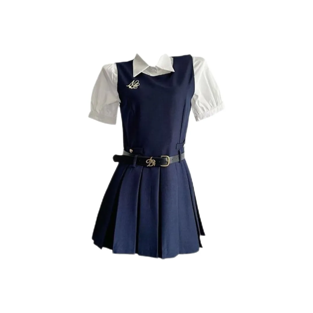 ABBY GODDESS Короткий рукав платье женский белый рубашка темно-синий платье