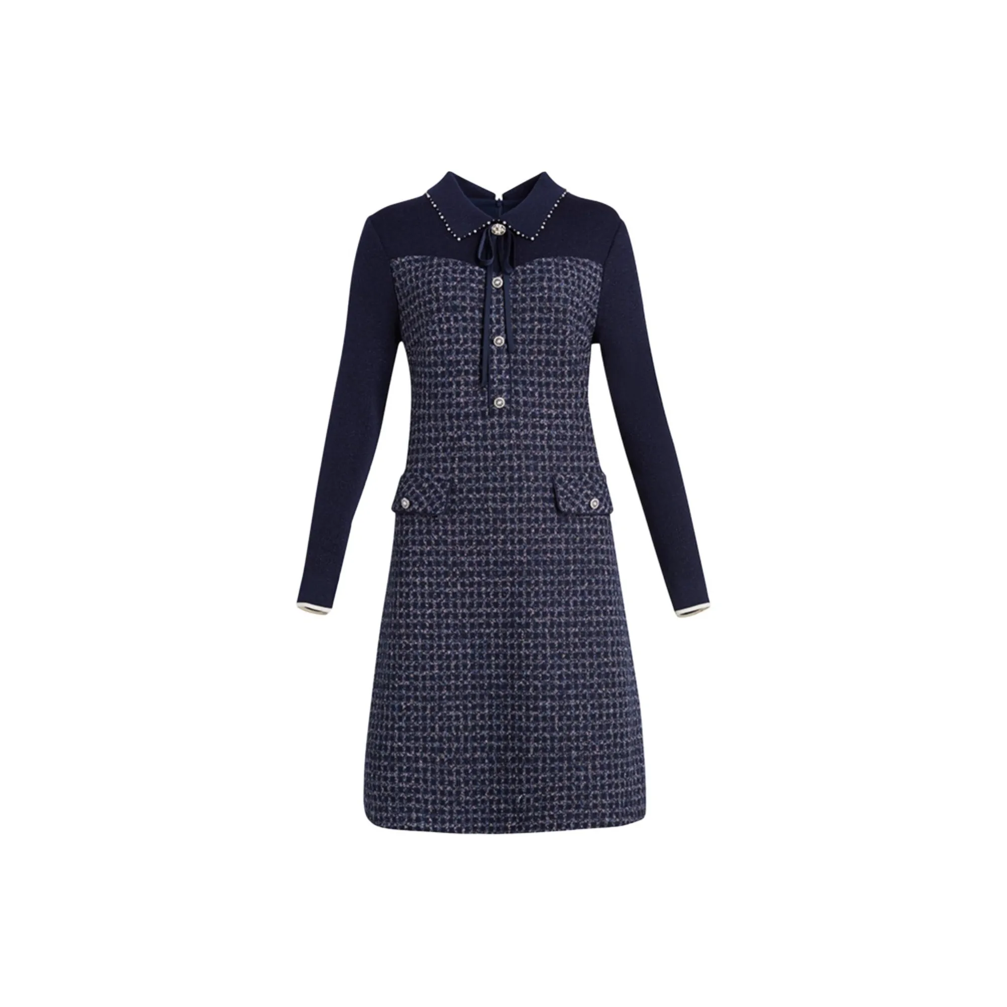 QIAOWANNI Long Sleeved Dress Women's Dark Blue