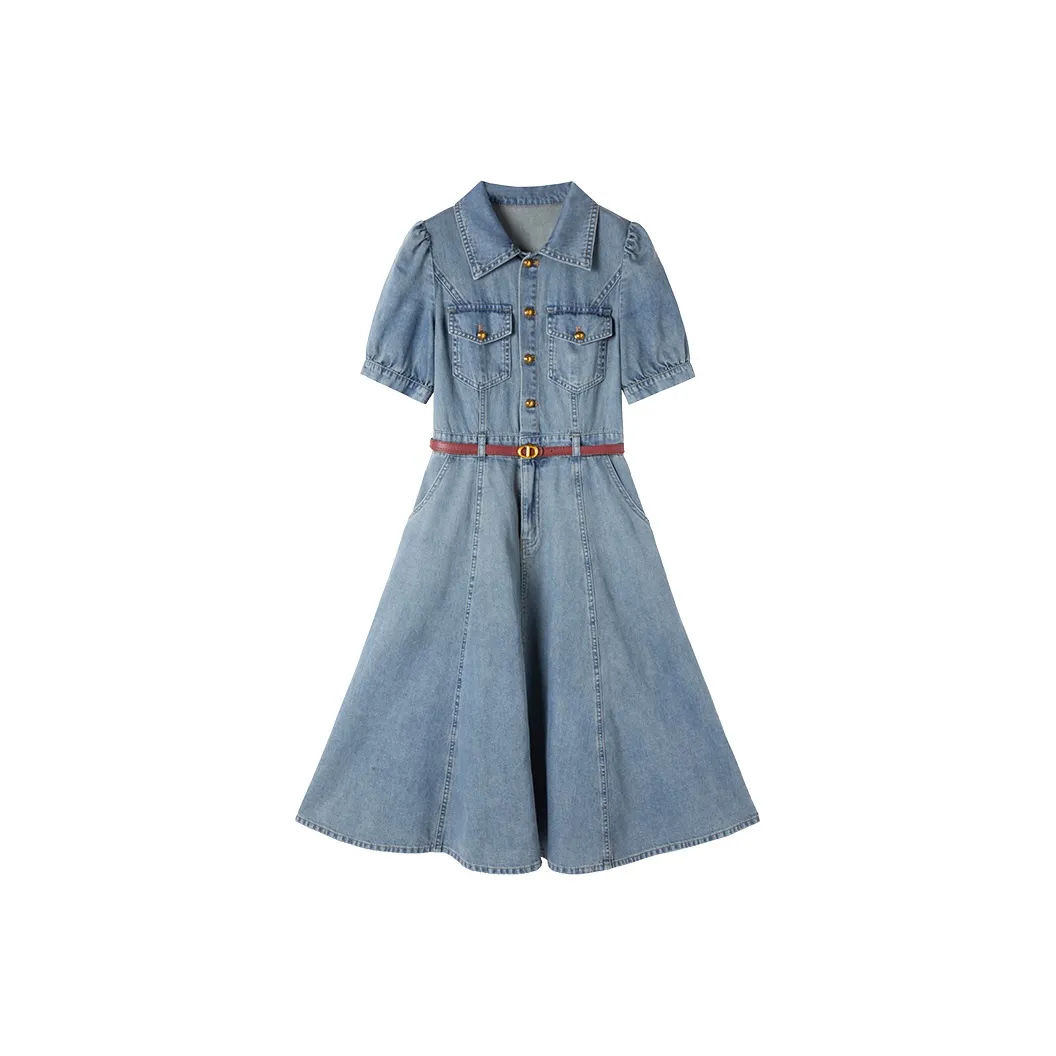 XIANGYING Короткий рукав Платье Женское Джинсовый синий