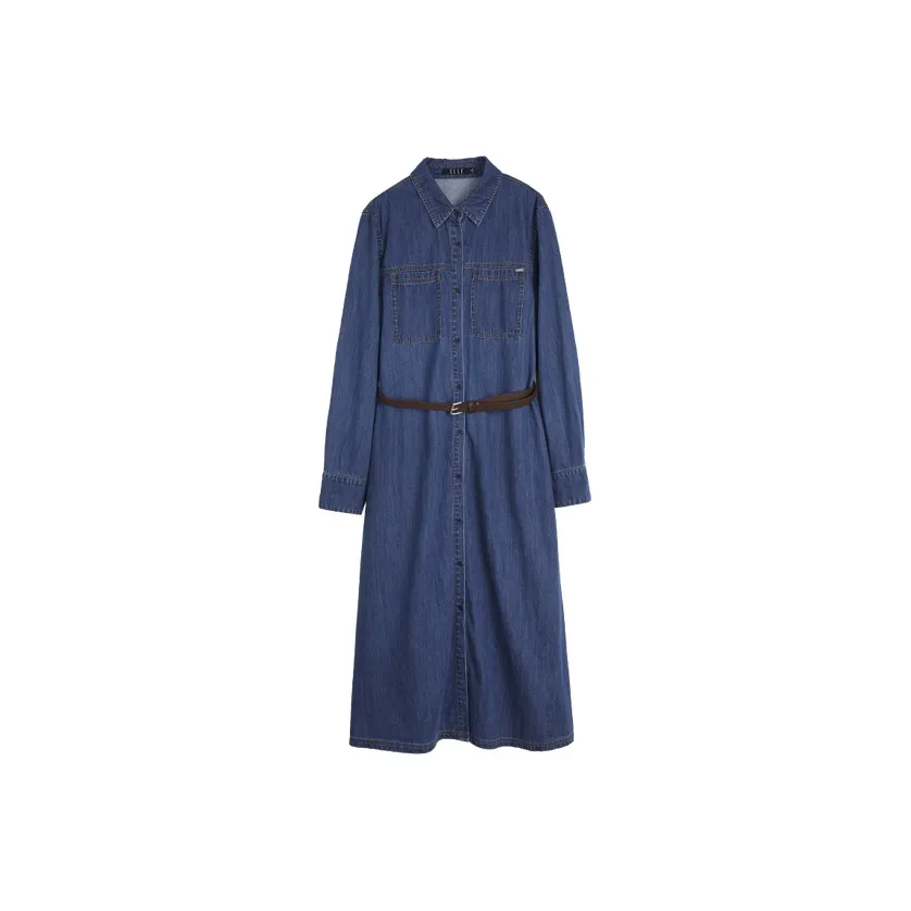 ELLE Длинное платье с длинными рукавами женское джинсовый синий